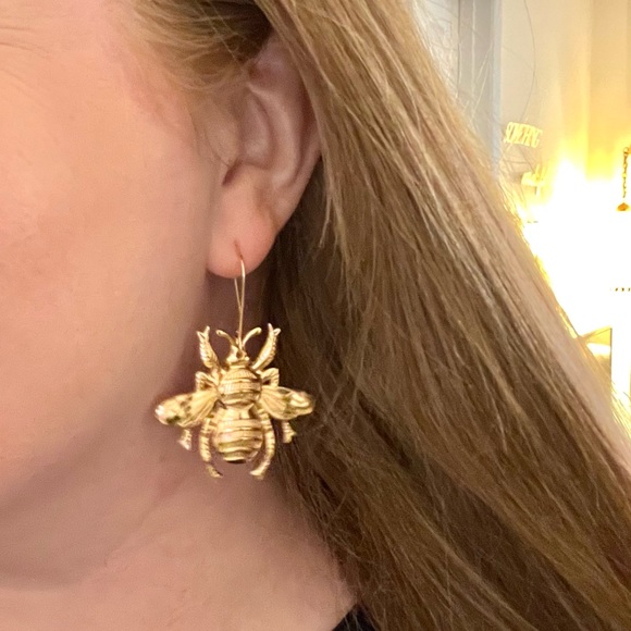 Gold Bumble Bee Dangle Earrings - Picture 7 of 7